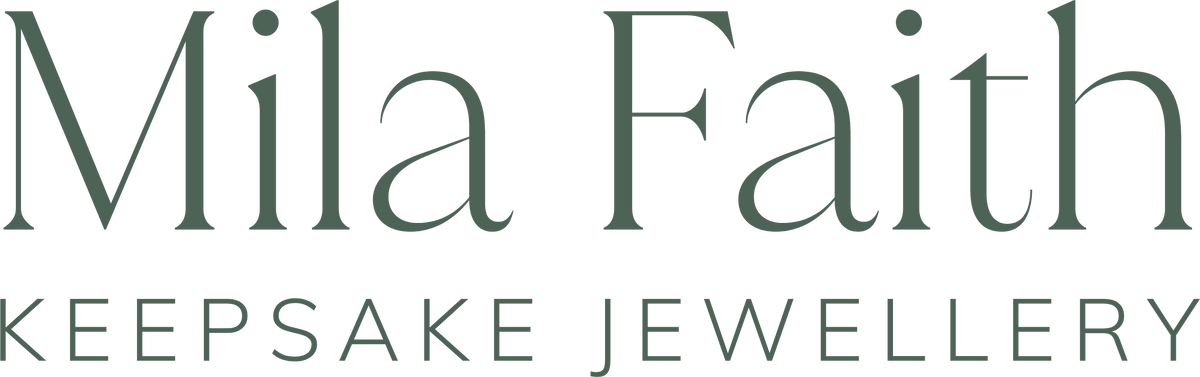 Mila Faith Keepsake Jewellery logo with the brand name in dark green serif lettering on a white background.